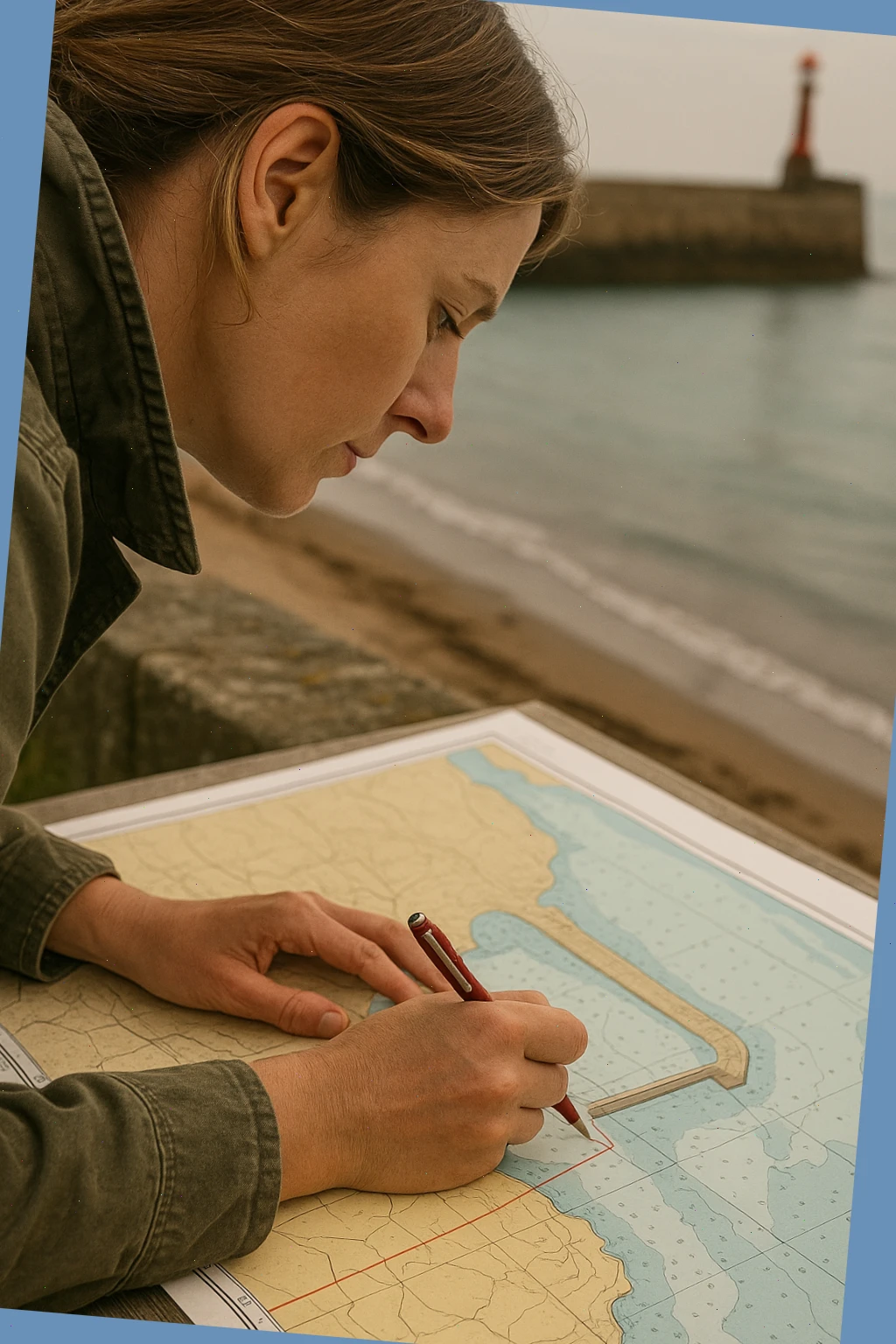 Coastal route planner marking a harbour entry on a paper chart