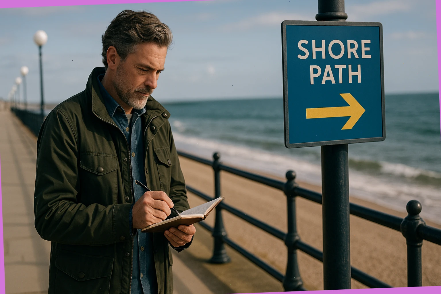 Shore scout noting signage on a seaside promenade