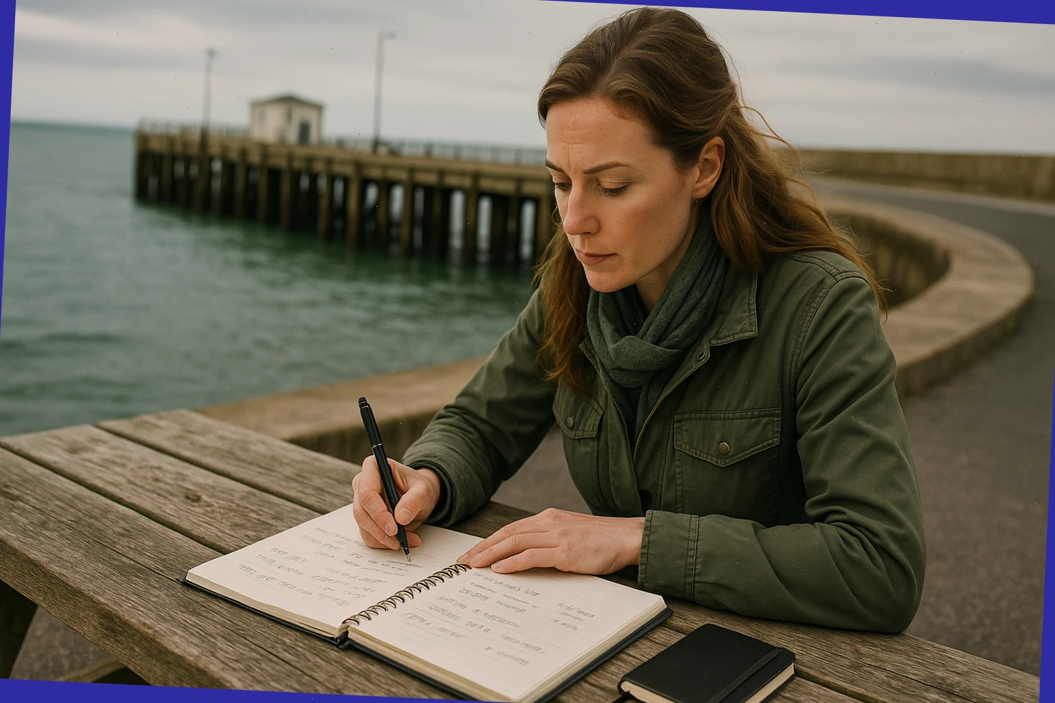 Researcher writing tide times and ferry notes beside the pier